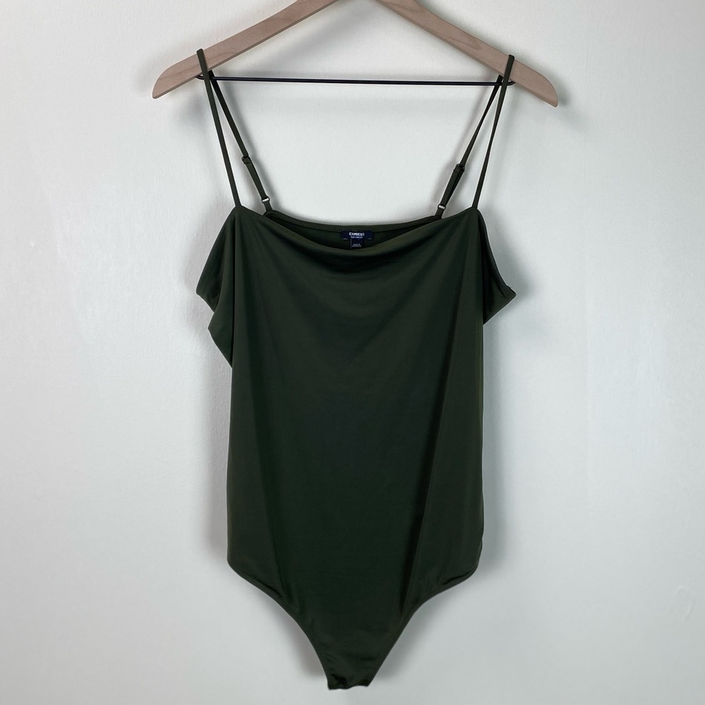 Express Body Contour Square Neck Spaghetti Strap Bodysuit In Olive Size X-Large